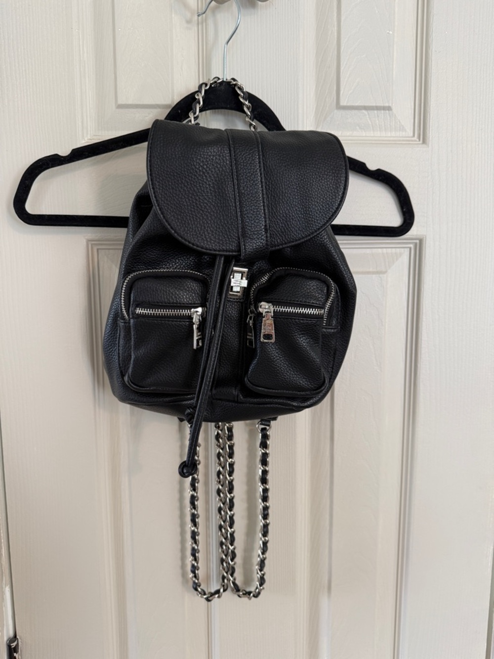 Steve Madden Black Pebbled Leather Mini Backpack with Chain Straps
